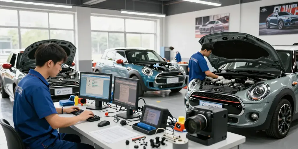 Dedicated BMW werkstatt hannover with skilled technicians performing engine diagnostics and DPF cleaning in a professional workshop.