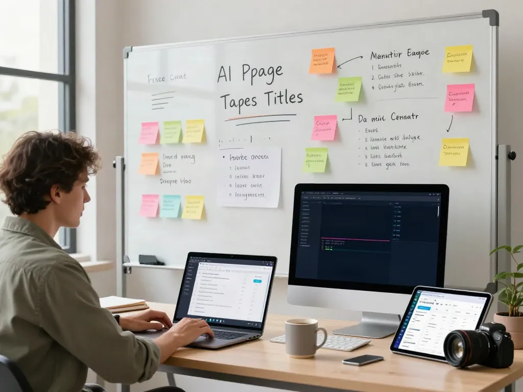 Marketer using an AI page titles generator in a bright digital workspace for creative title ideas.